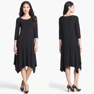 Eileen Fisher Women's Jersey Knit Handkerchief Hem Dress Black Stretchy
